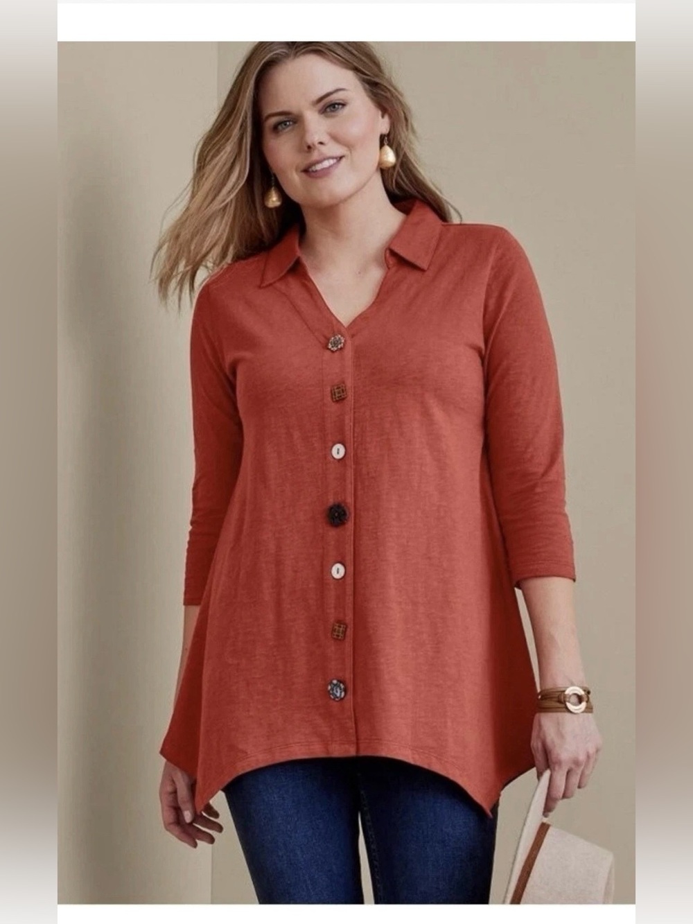 Soft Surroundings‎ red ochre Danielle Button tunic Top Size M sharkbite hem